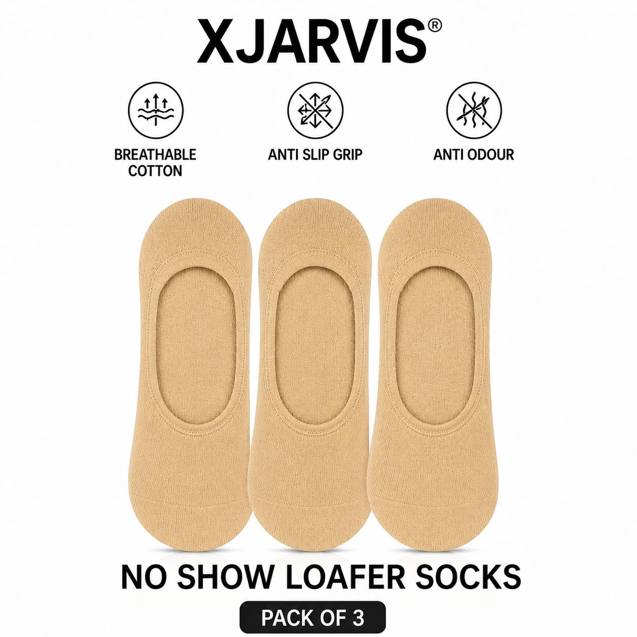 XJARVIS Men No Show Loafer Socks (Pack of 3) | Invisible Low Cut Cotton Socks with Anti Slip Heel Grip | Breathable, Sweat Absorbent & Anti Odour Summer Socks for Sneakers & Shoes, Skin