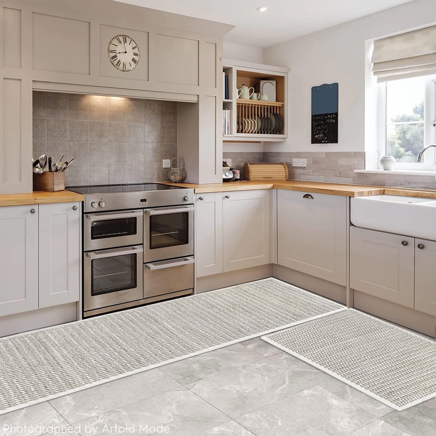 Artoid Mode Beige and Grey Machine Washable Non Slip Kitchen Rugs and Mats Set of 2, Absorbent and Stain Resistant Kitchen Mats for Sink Hallway and Laundry - 24x36 and 24x60 Inch