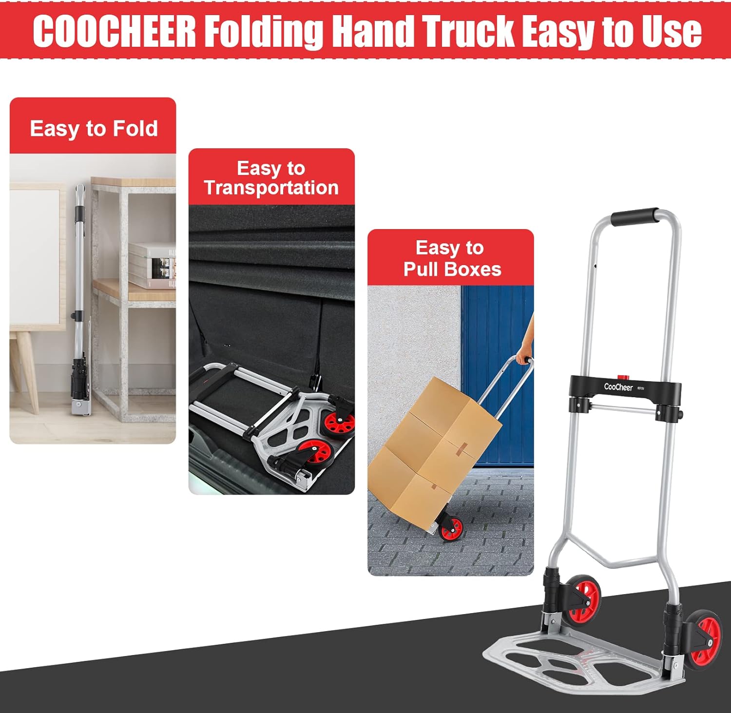 COOCHEER 265LB Capacity Folding Hand Truck Dolly - 2 Wheel Foldable Dolly Cart, Collapsible Aluminum Luggage Cart, Moving Trolley with Wheels - - 