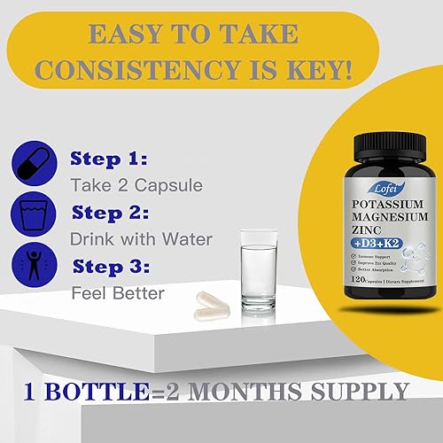 Miniatura 5 de Suplemento de potasio y magnesio, magnesio y potasio y zinc con vitamina D3 y K2, apoyo inmunológico para mujeres y hombres, absorción mejorada, sin