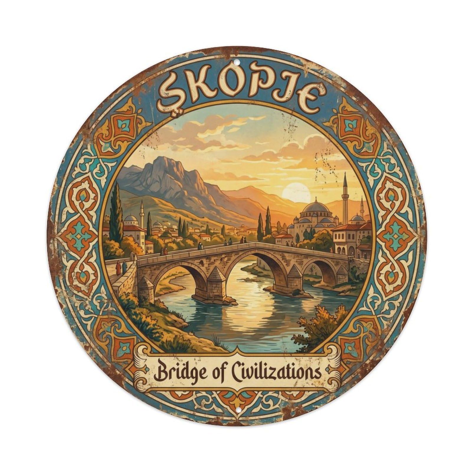 Vintage Travel Skopje Stonebridge Macedonia Metal Tin Sign Plaque Wall Decor for Cafe, Club Bar, Office, Home Garden Round Metal Poster 8x8Inch