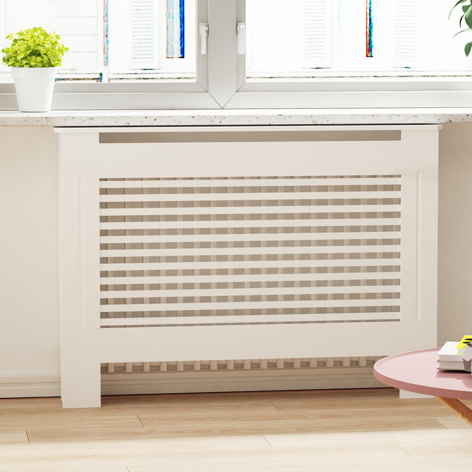 FATIVO Cubierta de Radiador Alta Blanca Moderna: 100 cm de Altura Interior Consola Cubreradiador de Madera Armario Cubre Radiador de MDF Estante para Calentador (Horizontal, 111x19x101 cm)