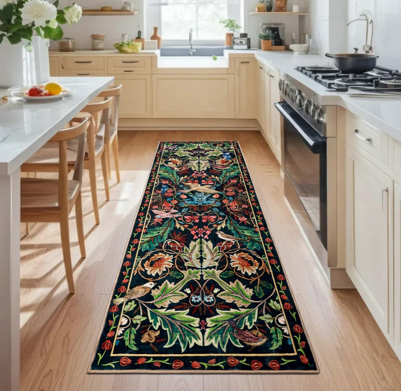 nesrt Jungle Runner Rug for Hallway 2x6, Botanical Washable Soft Boho Floral Kitchen Laundry Rug Non-Slip, Forest Animal Birds Low Pile Throw Carpet Runner for Entryway Bedroom Bathroom (Dark Green)