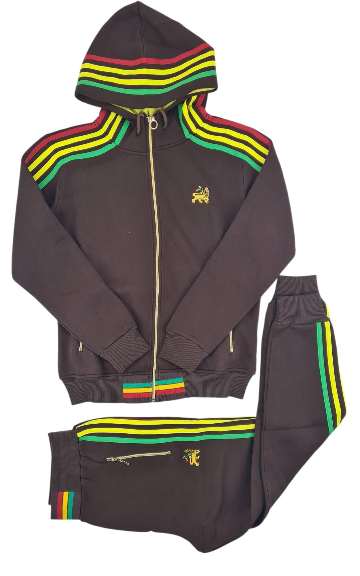 Time Is Money - Set tuta da uomo Rasta, con cappuccio e pantaloni da jogging, con cerniera intera, dettagli a righe rasta, abbigliamento casual streetwear