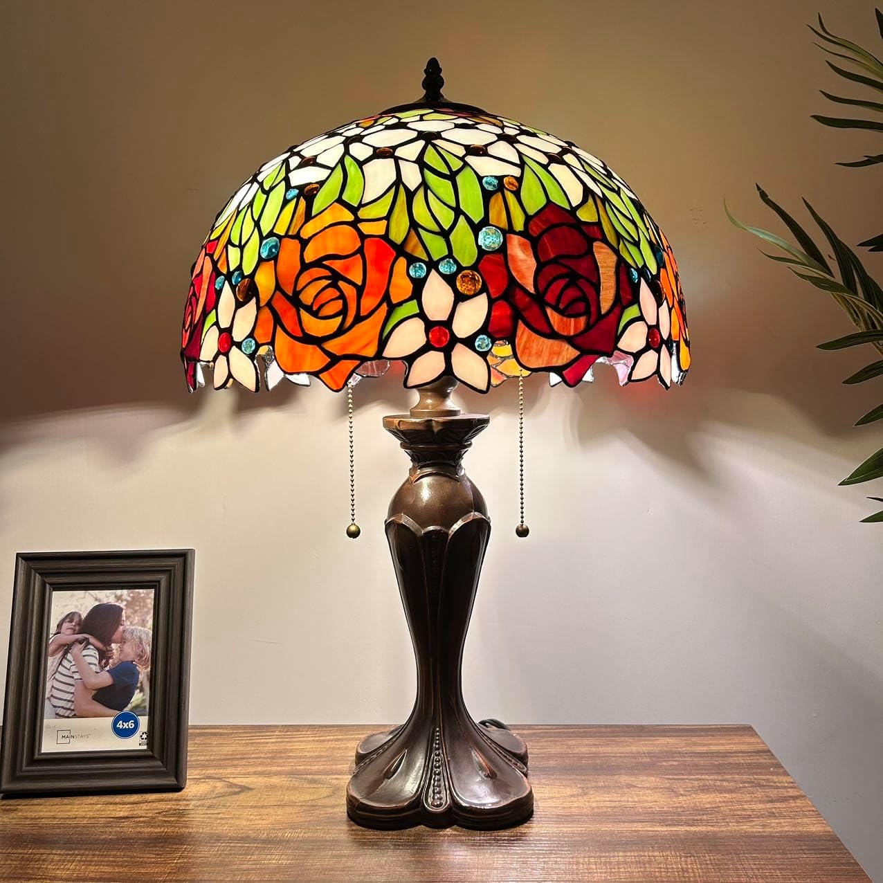 Tiffany Table Lamp Red Orange Stained Glass Rose Flowers LED Bulbs Included for Living Room Bedroom Bedside 16" W*16" D*24" H