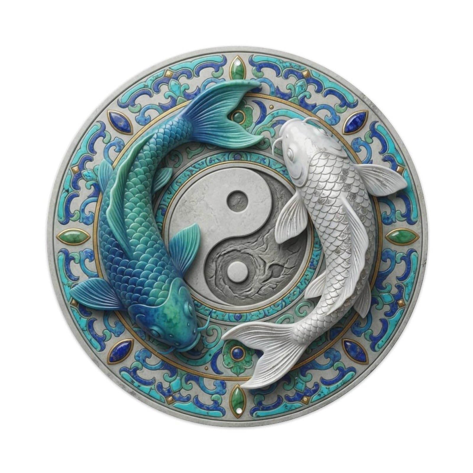 Tai Chi Koi Fish Turquoise Blue Stone Metal Tin Sign