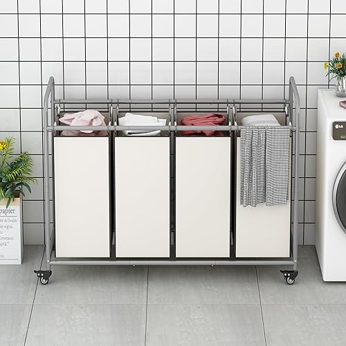 Miniatura 9 de LINZINAR Clasificador de ropa sucia de 3 bolsas, carrito de lavandería con ruedas enrollables resistentes y bolsas extraíbles (gris)