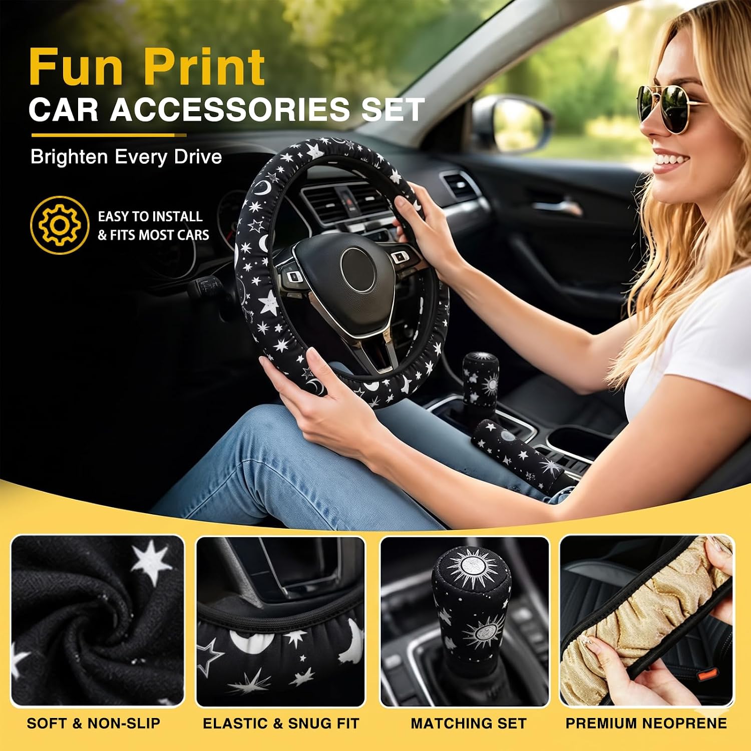 3-Piece Steering Wheel Cover Set for Cars,car Interior Accessories (Sun&Moon) image 5