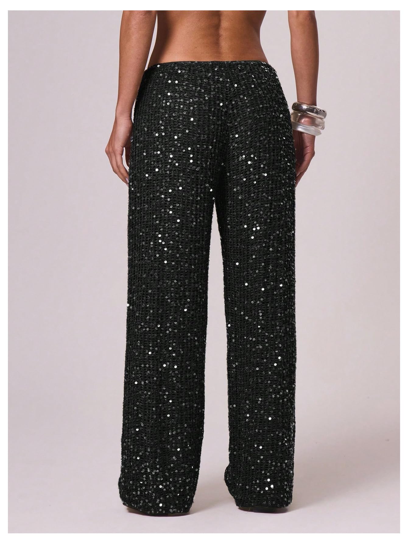Pantaloni Copricostume all'Uncinetto con Paillettes da Donna Spiaggia Scavati Costumi Bagno Marrone X-Small