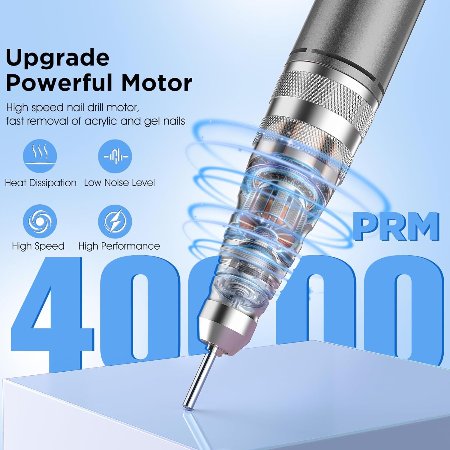 Professional Nail Drill Electric 40000RPM Portable & Rechargeable with 12 Drill Bits & 66 Sanding Bands Cordless Nail File Machine for Shaping Polishing Removing Gel Nails Salon Home (Blue)