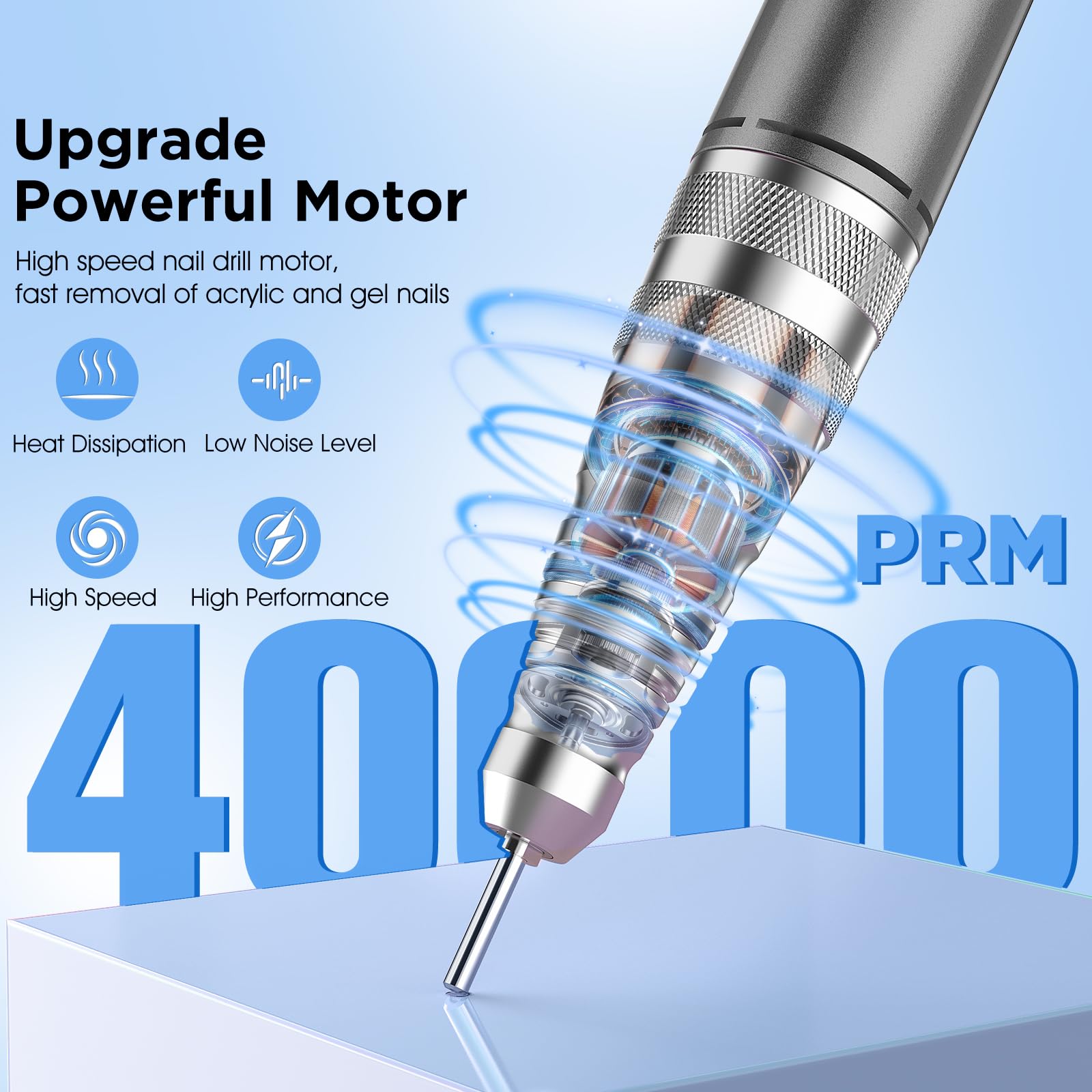 Perceuse à ongles électrique professionnelle 40 000 tr/min portable et rechargeable avec 12 forets et 66 anneaux de rechange, lime à ongles sans fil pour façonner, polir, enlever les ongles