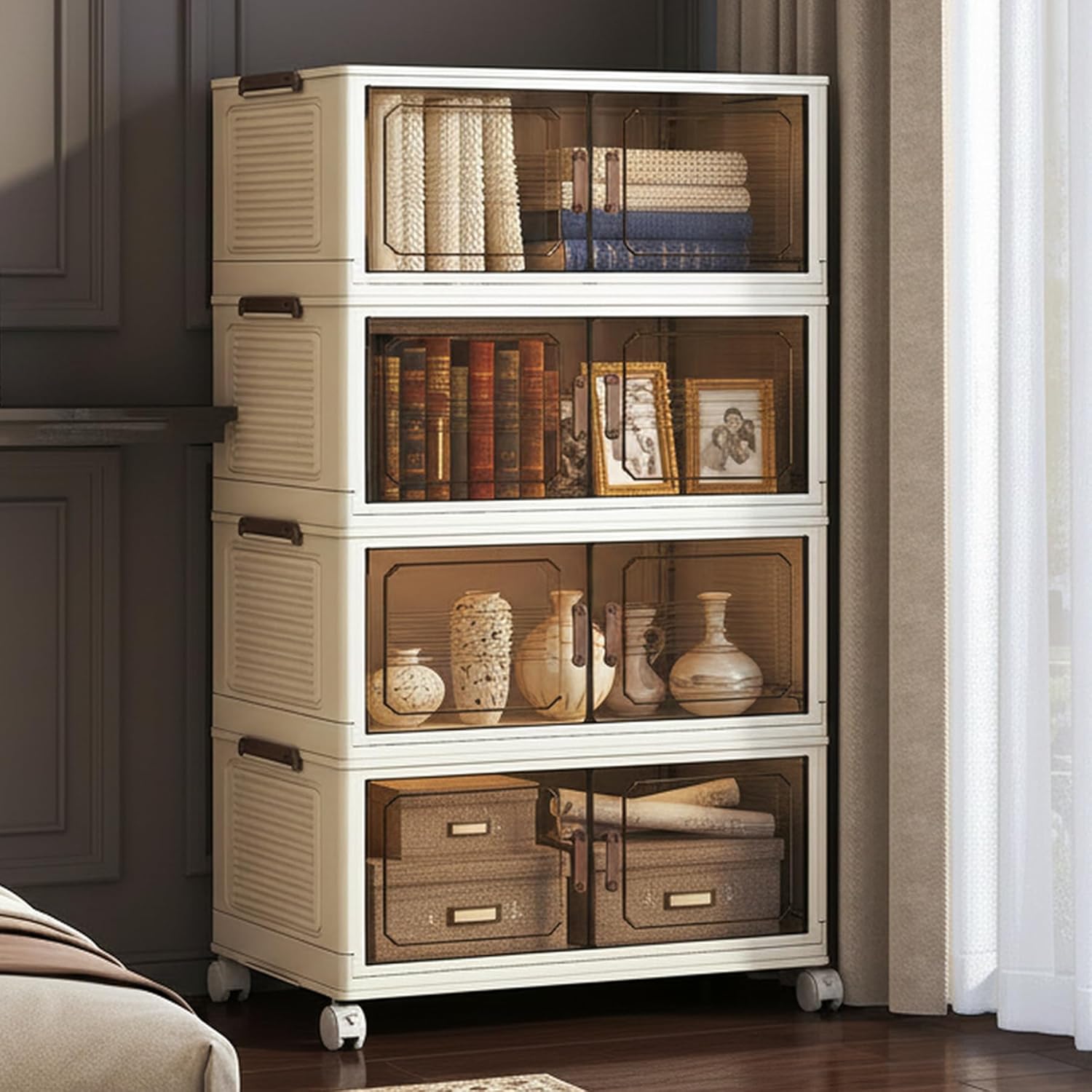 255QT Extra Large Lockable Stackable Storage Bins with Lids, 4-Tier Collapsible Plastic Storage Cabinet on Wheels, Foldable Closet Organizer for Blankets Bedroom Dorm Home Office Organization