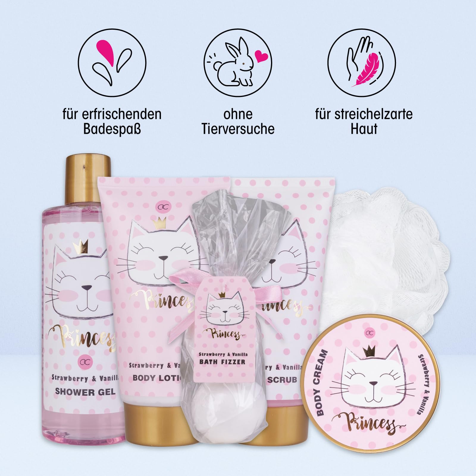 Accentra Geschenkset PRINCESS KITTY, 7-teiliges Geschenkset für Mädchen mit Duschgel, Bodylotion, Körperpeeling, Körpercreme, Badebomben und Netzschwamm im rosa Körbchen, Erdbeere & Vanille Duft