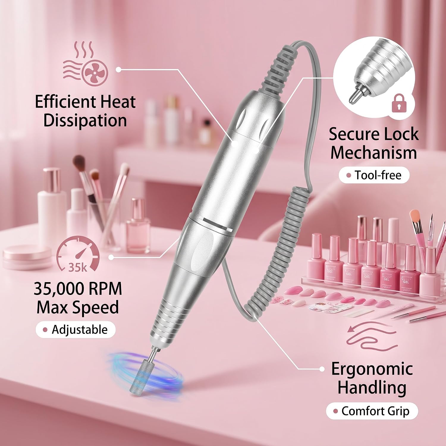 Nail Drill Handpiece Replacement, 35000RPM Electric Nail Polishing Machine Handle, Portable Nail Drill Pen for Acrylic Nails,Manicure, Pedicure Polishing, Cuticle Drill Accessory Tool