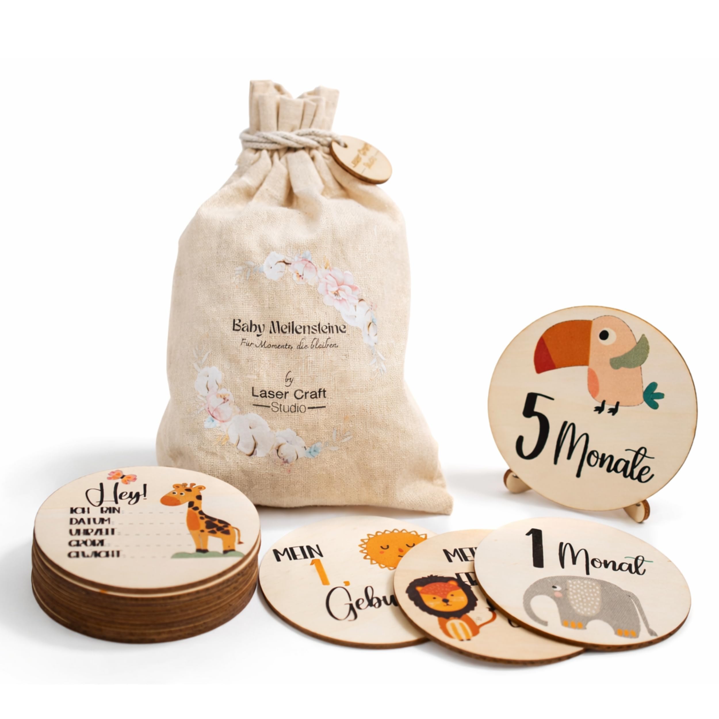 Meilensteinkarten Baby Holz – 12 runde Karten (24 Motive) – liebevoll gestaltet, nachhaltiges Holz – Monatskarten 1–12 & besondere Momente (Safari)