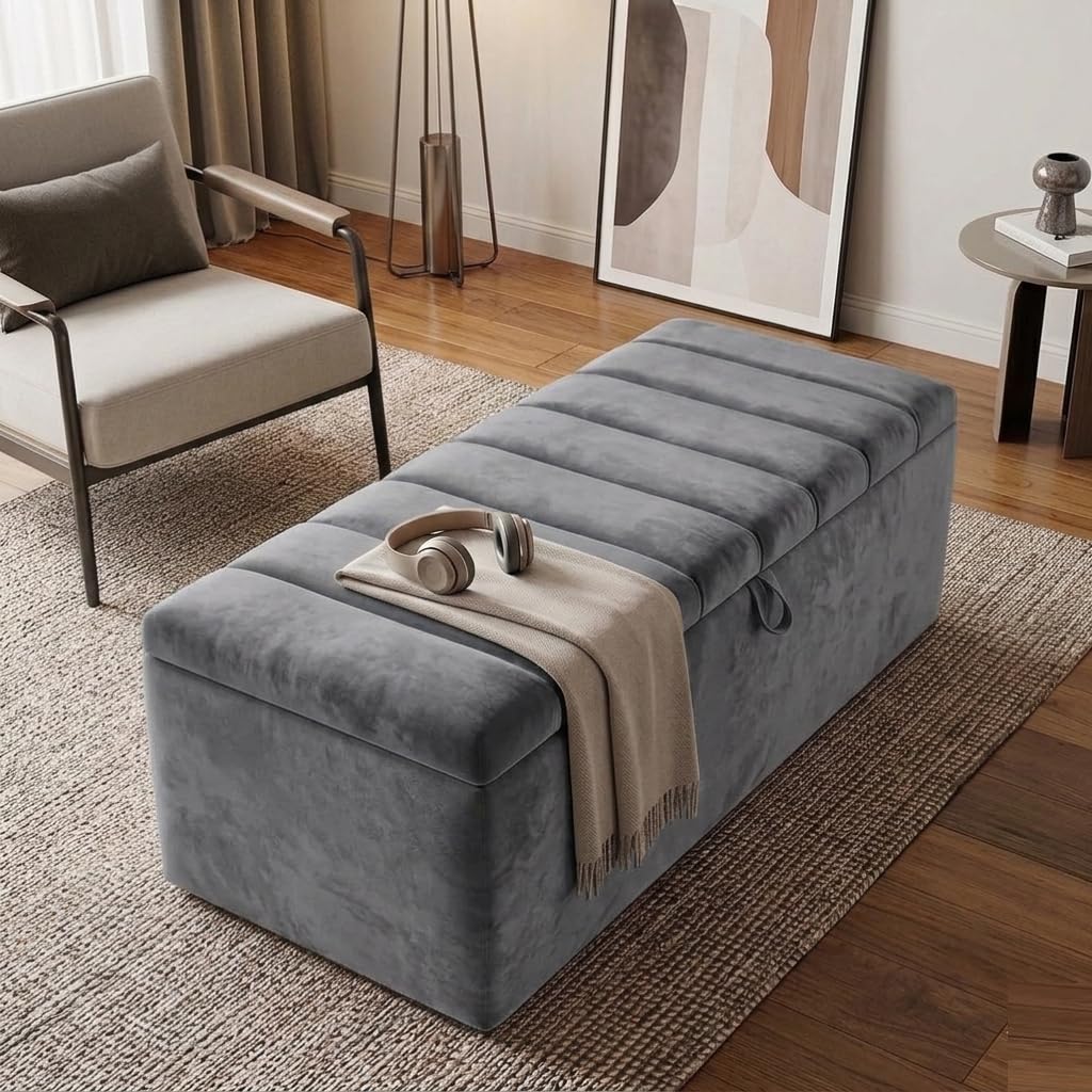 luxisleepltd Clarance Plush Velvet Ottoman Storage Box, Upholstered Seating Bench with Hidden Storage, Bedroom Footstool, Multiple Sizes 3ft,4ft6,5ft,6ft (Grey, 5ft King) — image 1