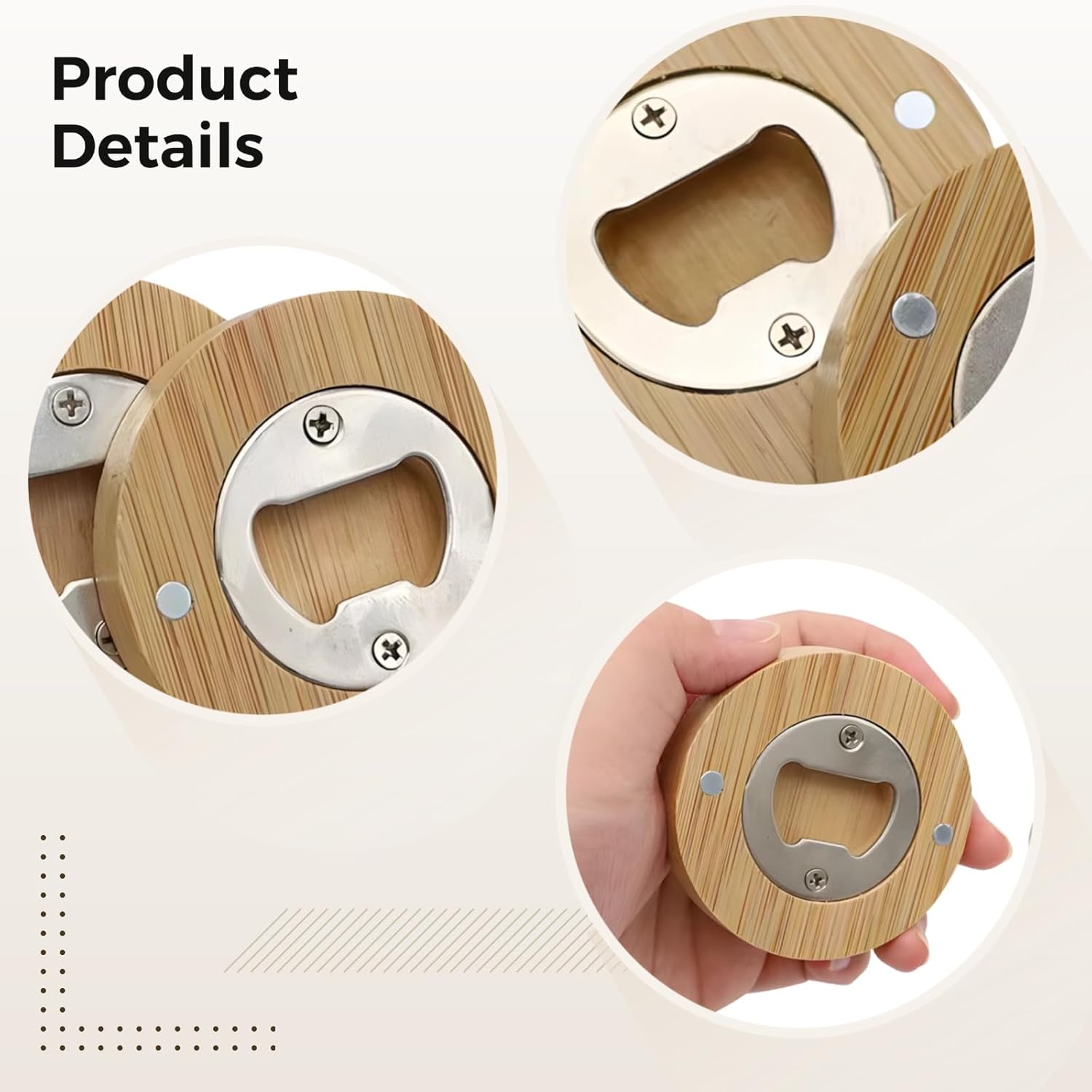 24 Pcs Bottle Openers, Beer Bottle Opener 2 in 1 Round Wooden Beverage Bottle Cap Opener, Fridge Sticker,2.5In DIY Metal Cap Opener for Beer,Easy to Use,Ideal for Home Bars and Parties