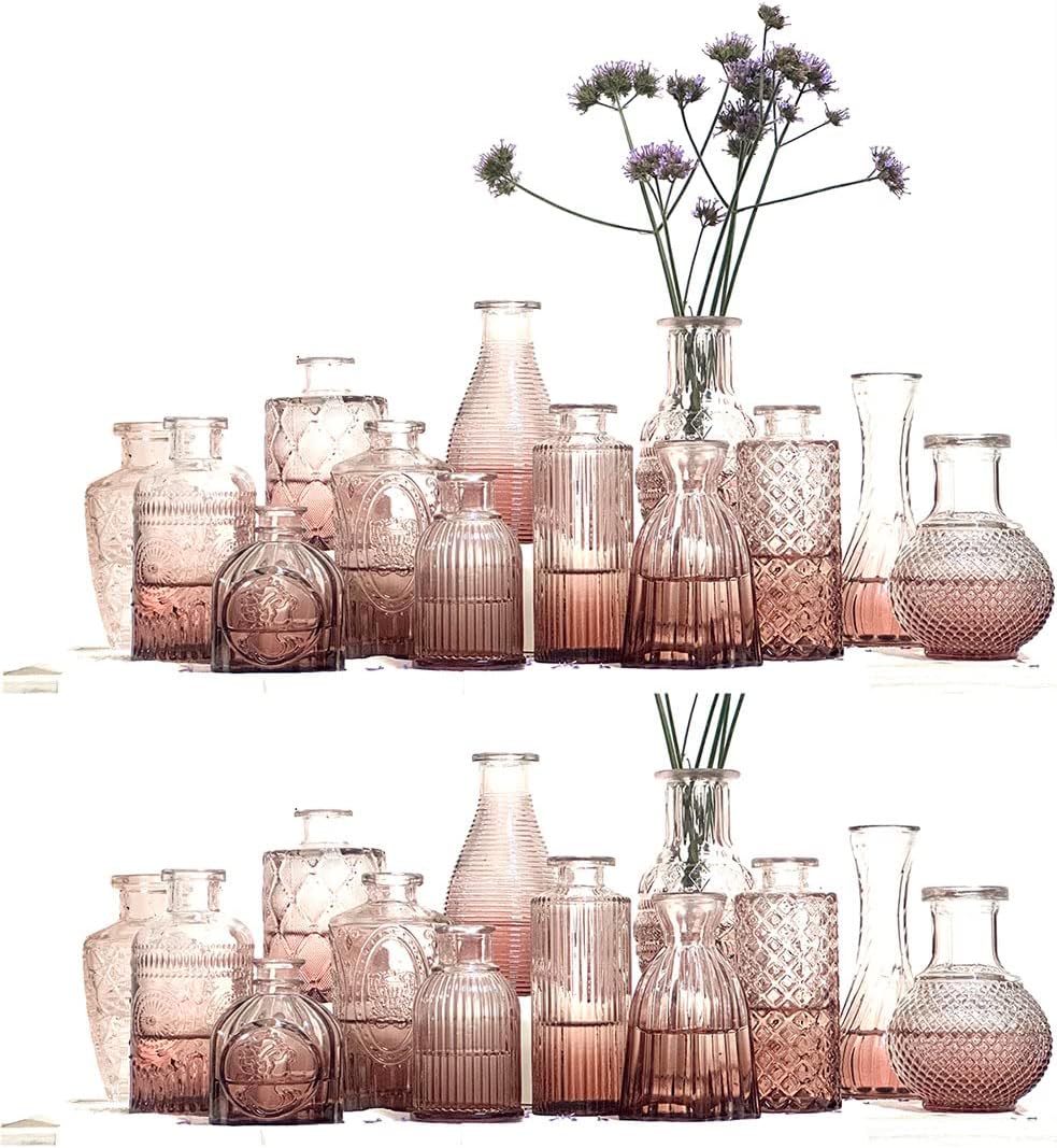 TempFoo26 Small Glass Flower Vase for Wedding Centrepiece Table Decorations, Pink Clear Crystal Vintage Embossed Bud Mini Flowers Vases in for Party or Home Living Room Dining Bedroom Decor Aesthetic