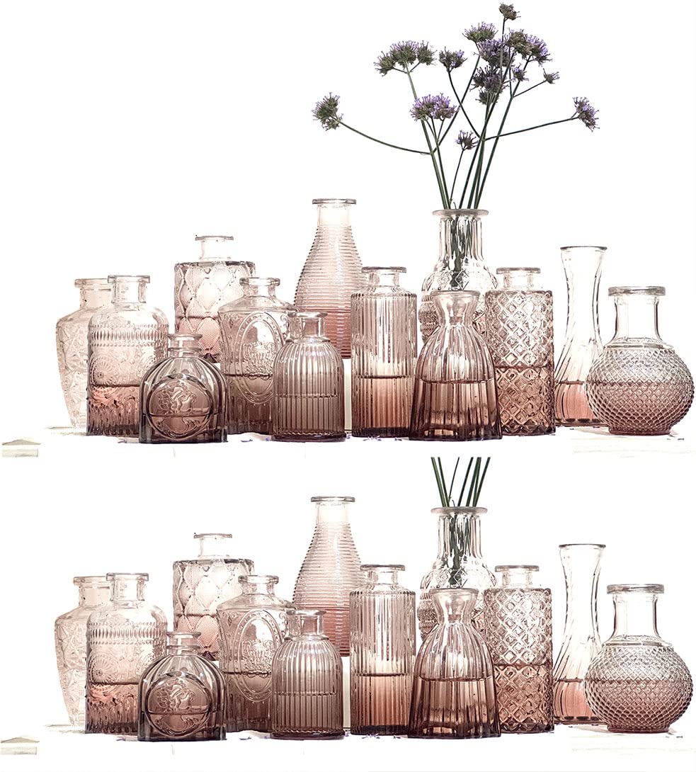 TempFoo26 Small Glass Flower Vase for Wedding Centrepiece Table Decorations, Pink Clear Crystal Vintage Embossed Bud Mini Flowers Vases in for Party or Home Living Room Dining Bedroom Decor Aesthetic