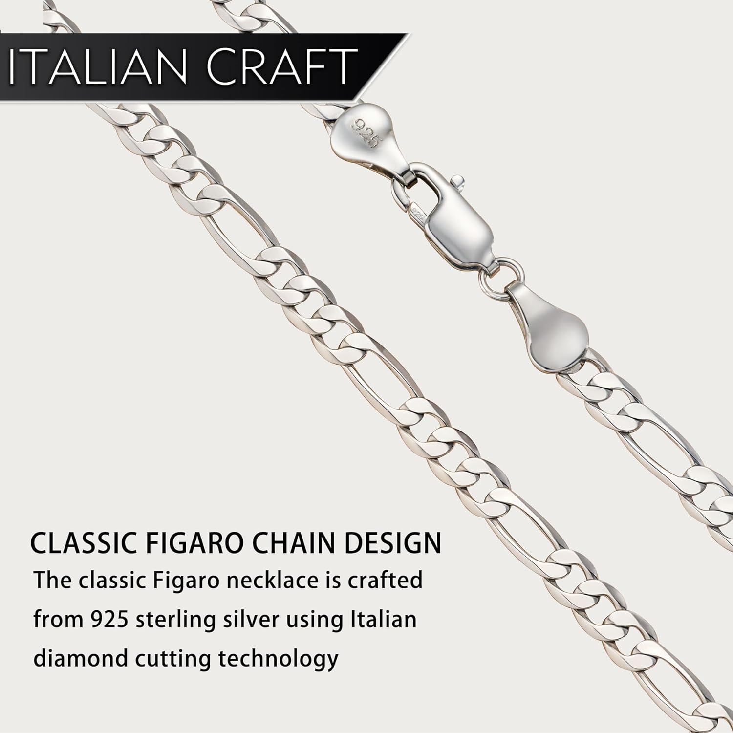 925 Sterling Silver Figaro Chain Necklace for Women and Men, 4mm Hypoallergenic Nickel-Free Silver Necklace Chain, Lobster Clasp Mens Chains Durable Waterproof Gift Ready Jewelry - Image 5