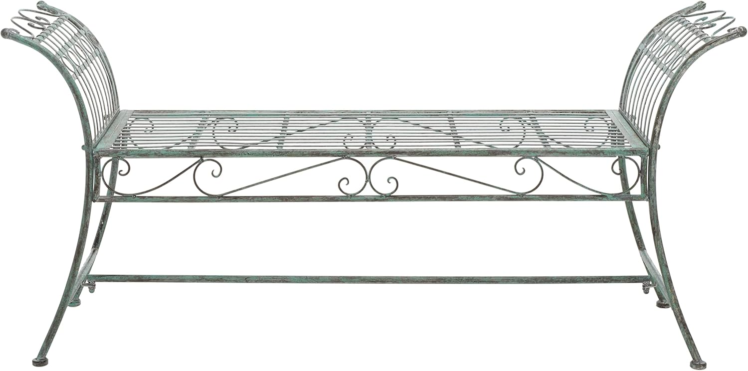 SAFAVIEH Outdoor Collection Hadley Victorian Scroll Antique Dark Green Wrought Iron Bench