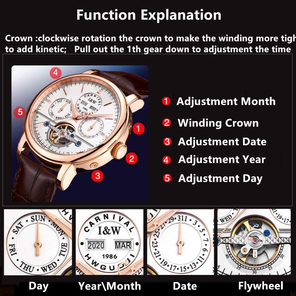 MASTOP Herren-Armbanduhr, automatisch, mechanisch, Tourbillon, Leder, leuchtend, Business-Herrenarmbanduhr