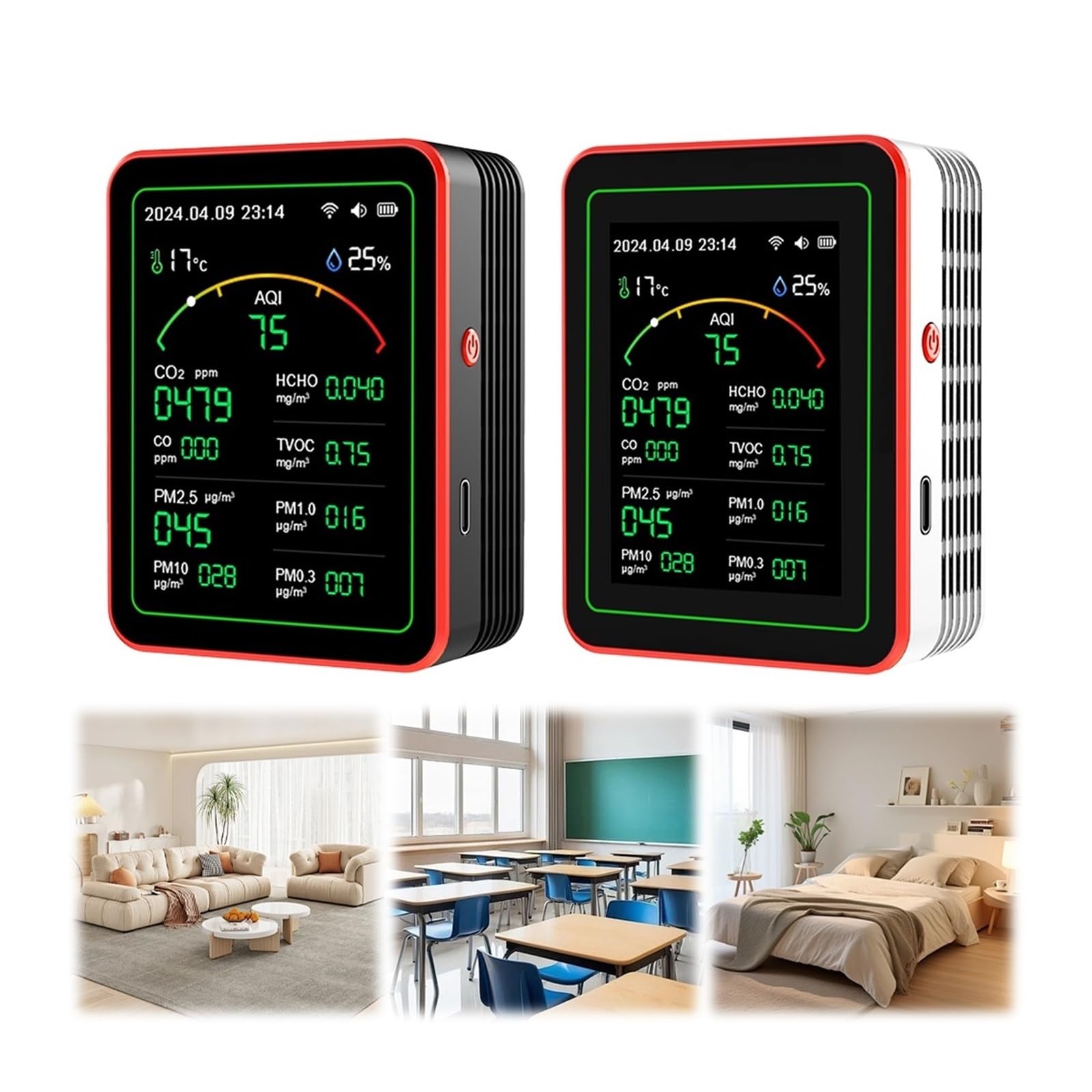 Air Quality Monitor, 15 In 1 Monitor A Qualità 'aria Rilevatore Di CO2 For Interni Formaldeide HCHO TVOC Tester LCD Umidità A Temperatura Allarme Misuratore(Black)