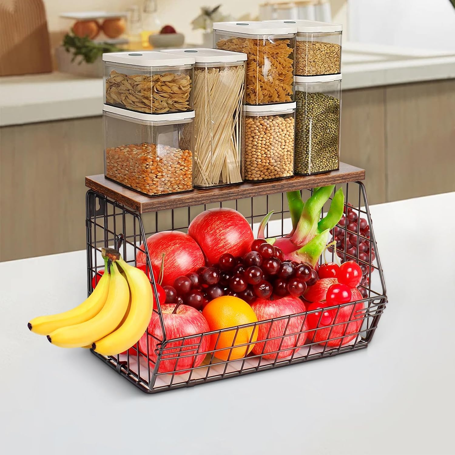 Tapvai Sprifityy Portafrutta Cesto Frutta da Tavolo,con Coperchio in Legno,Impilabile e Montabile a Parete Cestino Frutta,Frutta e Verdura Organizer da bagno in filo metallico
