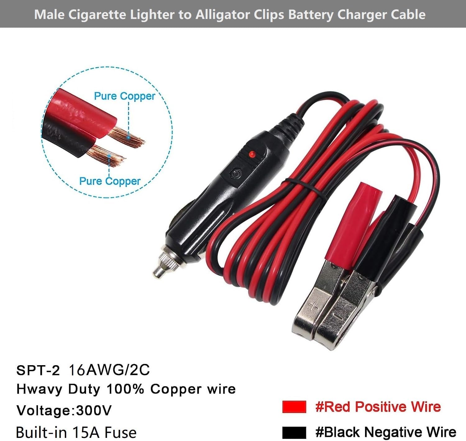 Alligator Clamp to Male Cigarette Lighter Extension Cable - 12V-24V Jumper Battery Charge Cord 3FT Automotive Electrical Clip-on Cable 16 AWG Heavy Duty 15A Fuse, with a Replacement 15A Fuse (1 Pack)
