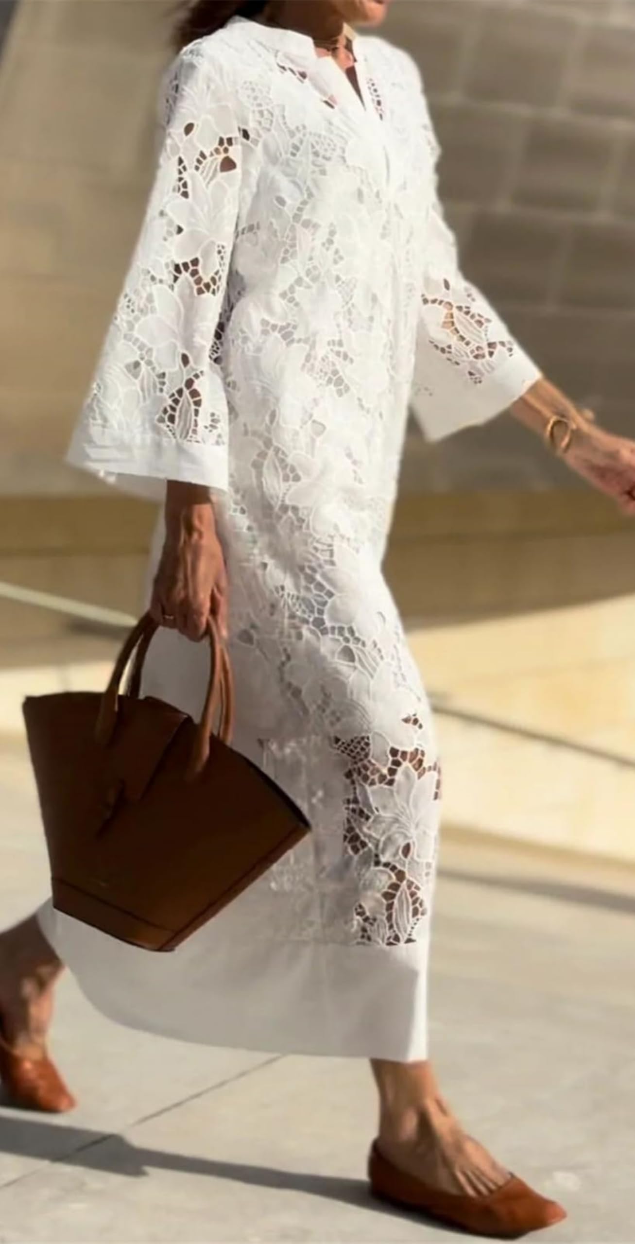 Abito da donna elegante in pizzo bianco con scollo a V maxi abito a due pezzi casual sciolto boho scava fuori all'uncinetto con abito sottoveste in raso