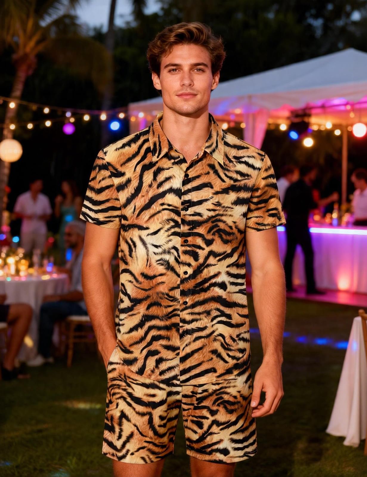 Camicia e Pantaloncini Set Stampa Animale Uomo Maniche Lunghe Camicie Casual