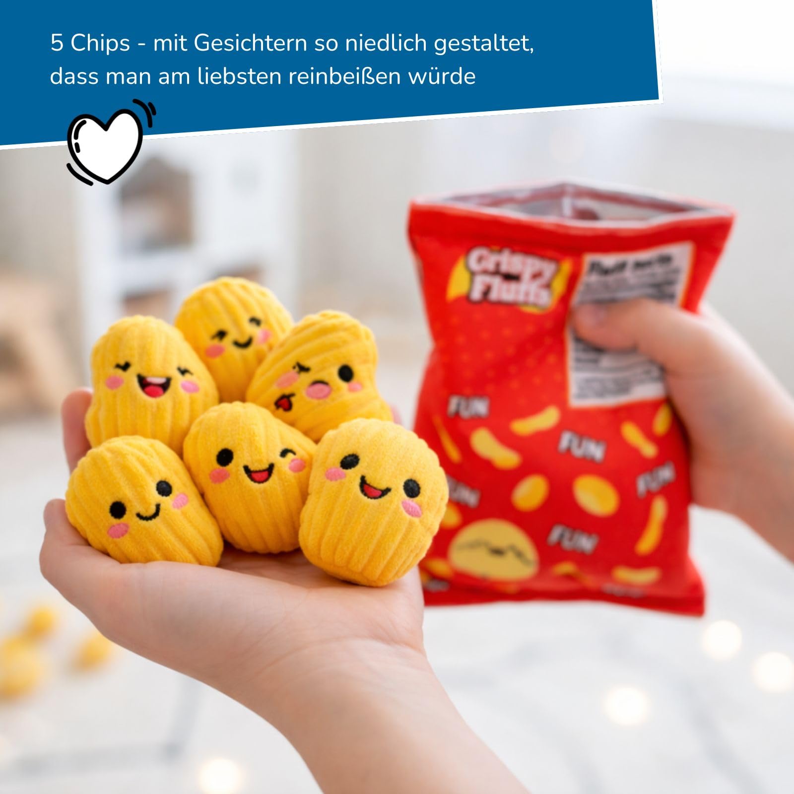 alldoro 60270 Pluszowa torebka z chipem 6-częściowy z 5 pluszowymi czipami i twarzami emoji, z efektem trzaskania i zapięciem na rzepy, ok. 18 × 14 cm, dla dzieci od 3 lat