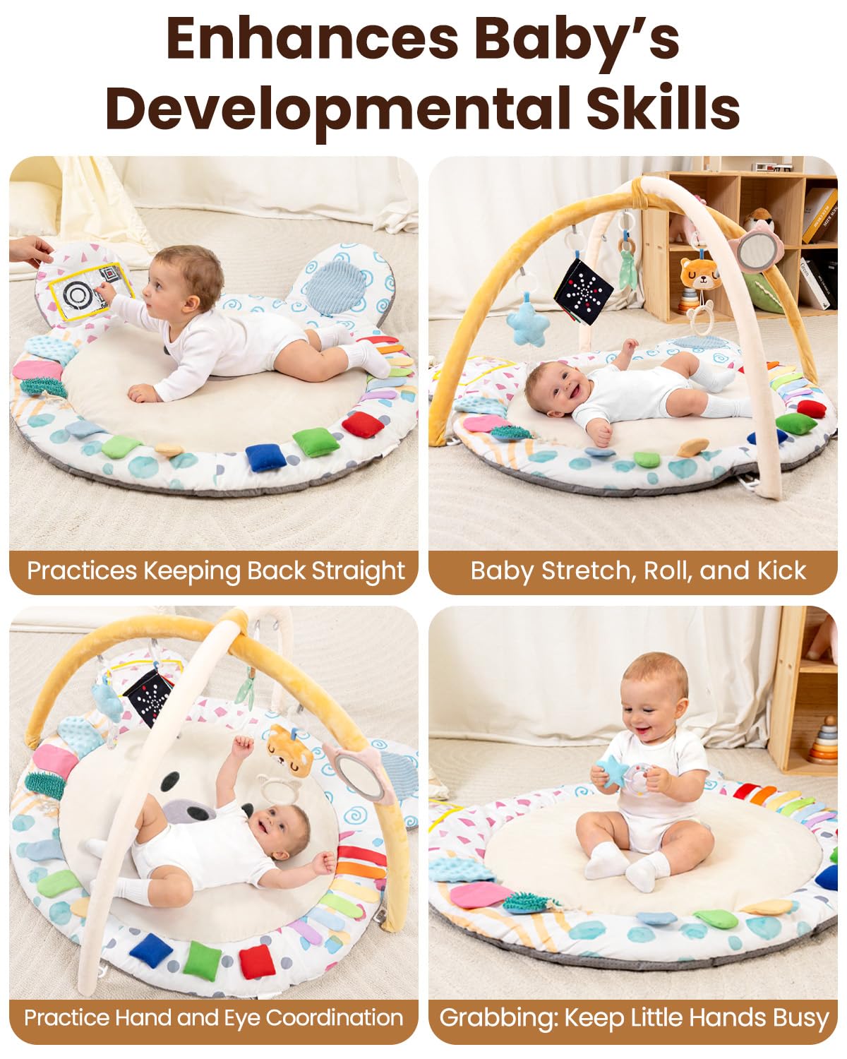 Baby Play Gym, Thickened and Non Slip Activity Mat, 5 Developmental Zones Tummy Time Mat with 5 Detachable Sensory Toys for Motor Skills, Baby Essentials Shower Gift Box(Bear)