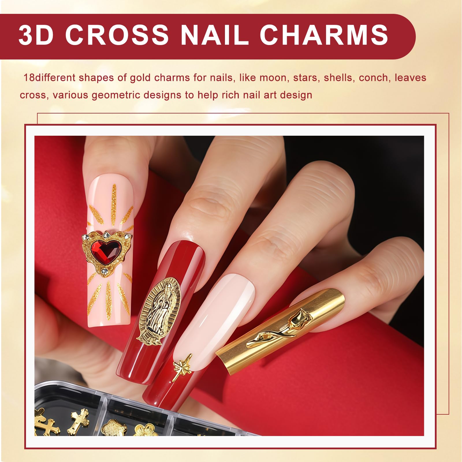 Lilbitty Gold Paznokci Charms & Nail Gems Set, 4 pudełka z perłami do paznokci i kamieniami, 3D Krzyż Serce Charms, Akcesoria do zdobienia paznokci z pęsetą i kredką do wosku