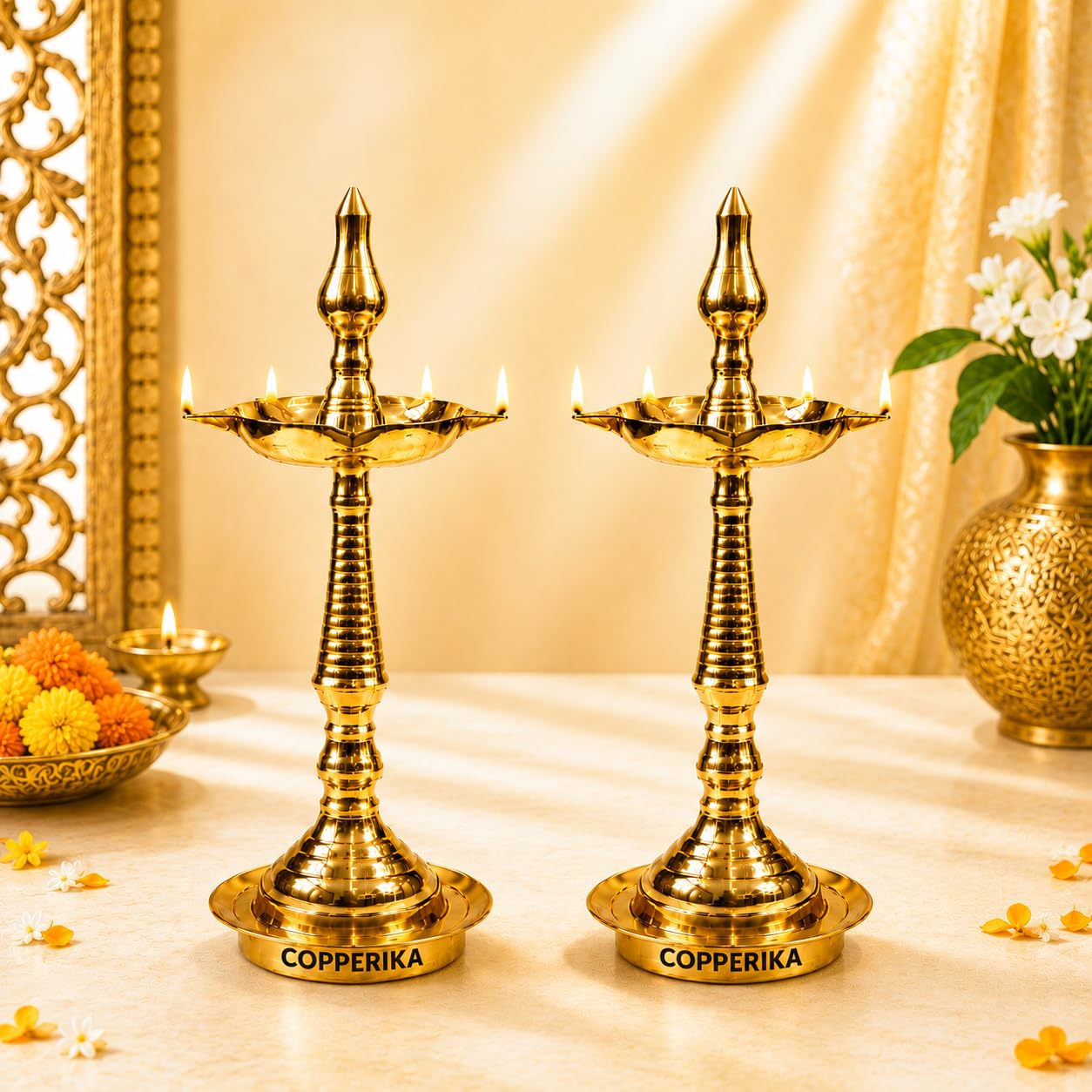 Premium Brass Diya Kerala Samai 9.1 Inch (Set of 2) |Traditional Oil Lamp Deepak Lamp Kutthu vilakku Panchmahal Deepam for Pooja Mandir Diwali Indian Puja Ganesh Chaturthi Return Gift-image-23