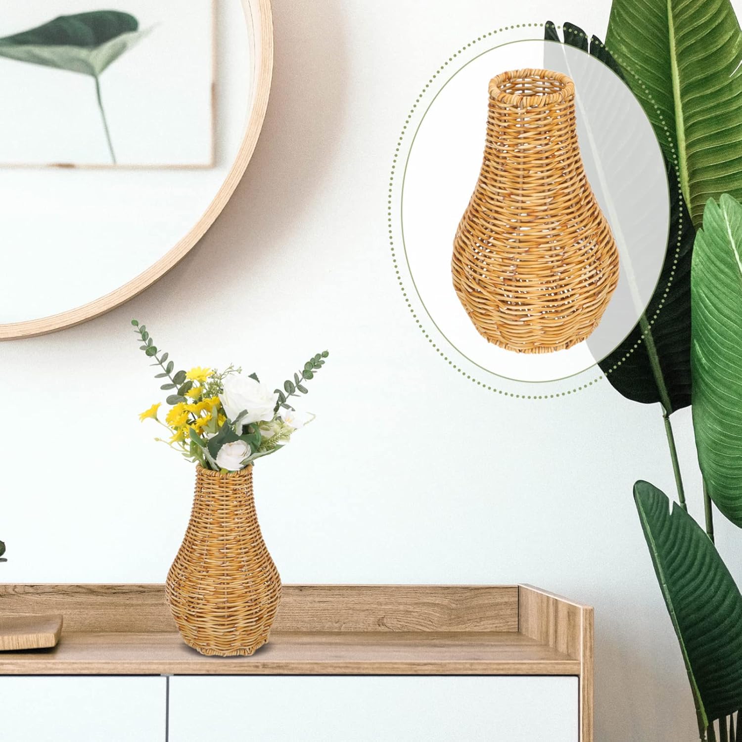 Yardwe Rattan Vase Vintage Woven Flower Vase Wicker Long Dried Floral Pot Bud Arrangement Container Holder for Table Bookshelf Bathroom Christmas New Year Decoration 26x17cm