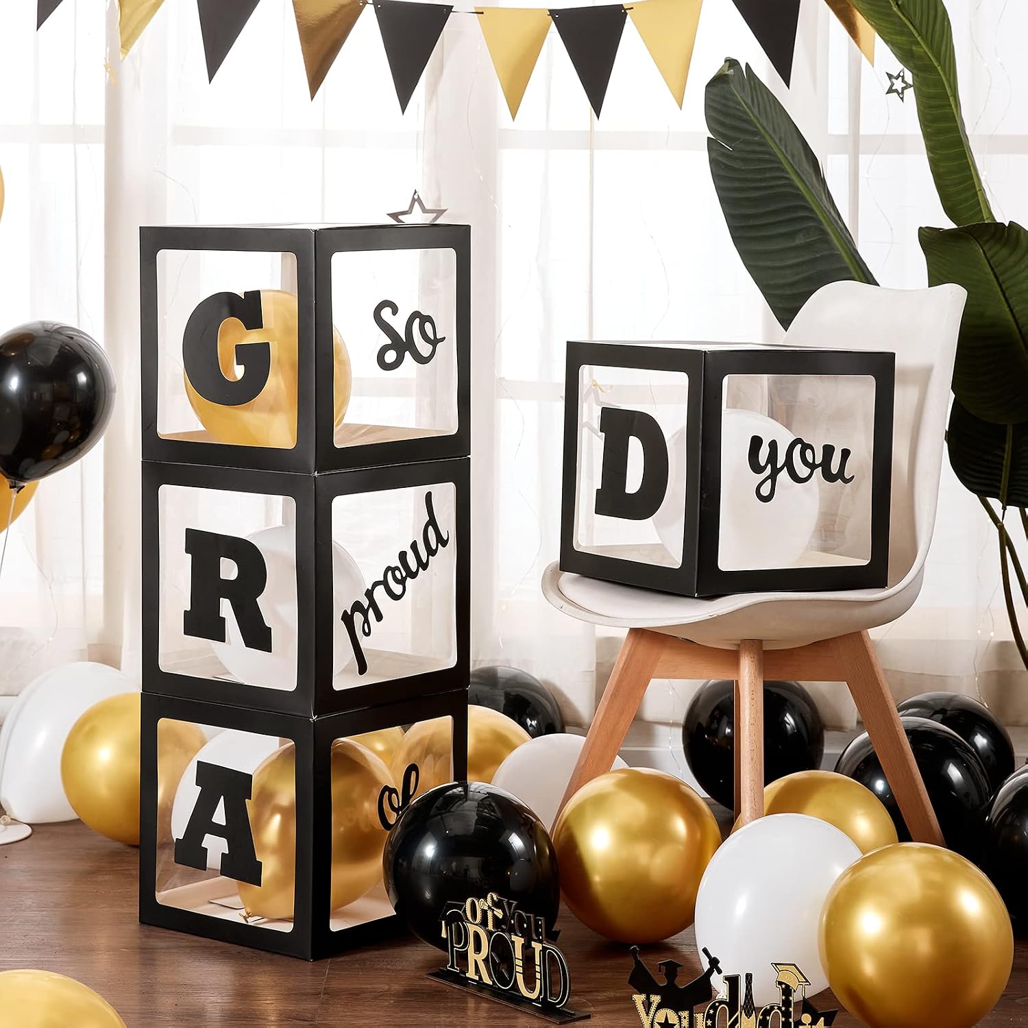 2023 Graduation Decorations:4 Pcs Black Balloons Boxes with LED String Lights,24 Balloons and 6 Special Gold Sequins Confetti Balloons,Graduation Party Decorations Supplies for College High School