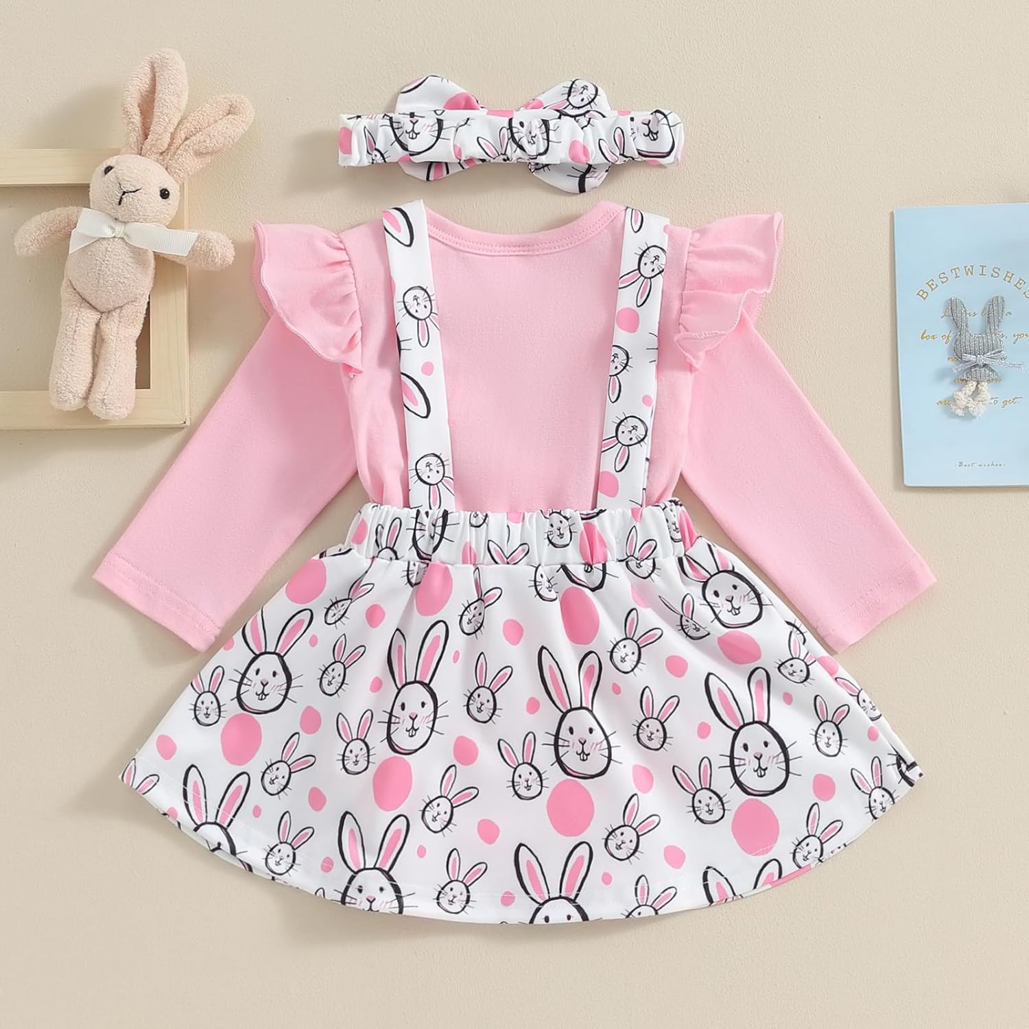 Karuedoo Newborn Baby Girl Easter Outfit Ruffle Long Sleeve Romper Cartoon Bunny Suspender Skirt Set Overall Dress Outfit - Image 3