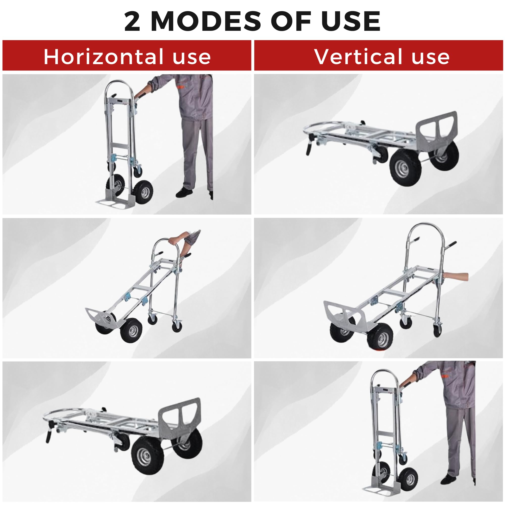 Carrello a mano in alluminio 2 in 1. Carrello da trasporto con 4 ruote, convertibile in piattaforma o carrello a mano, capacità di 350 kg. Carrello di carico pieghevole per magazzino, trasloco.