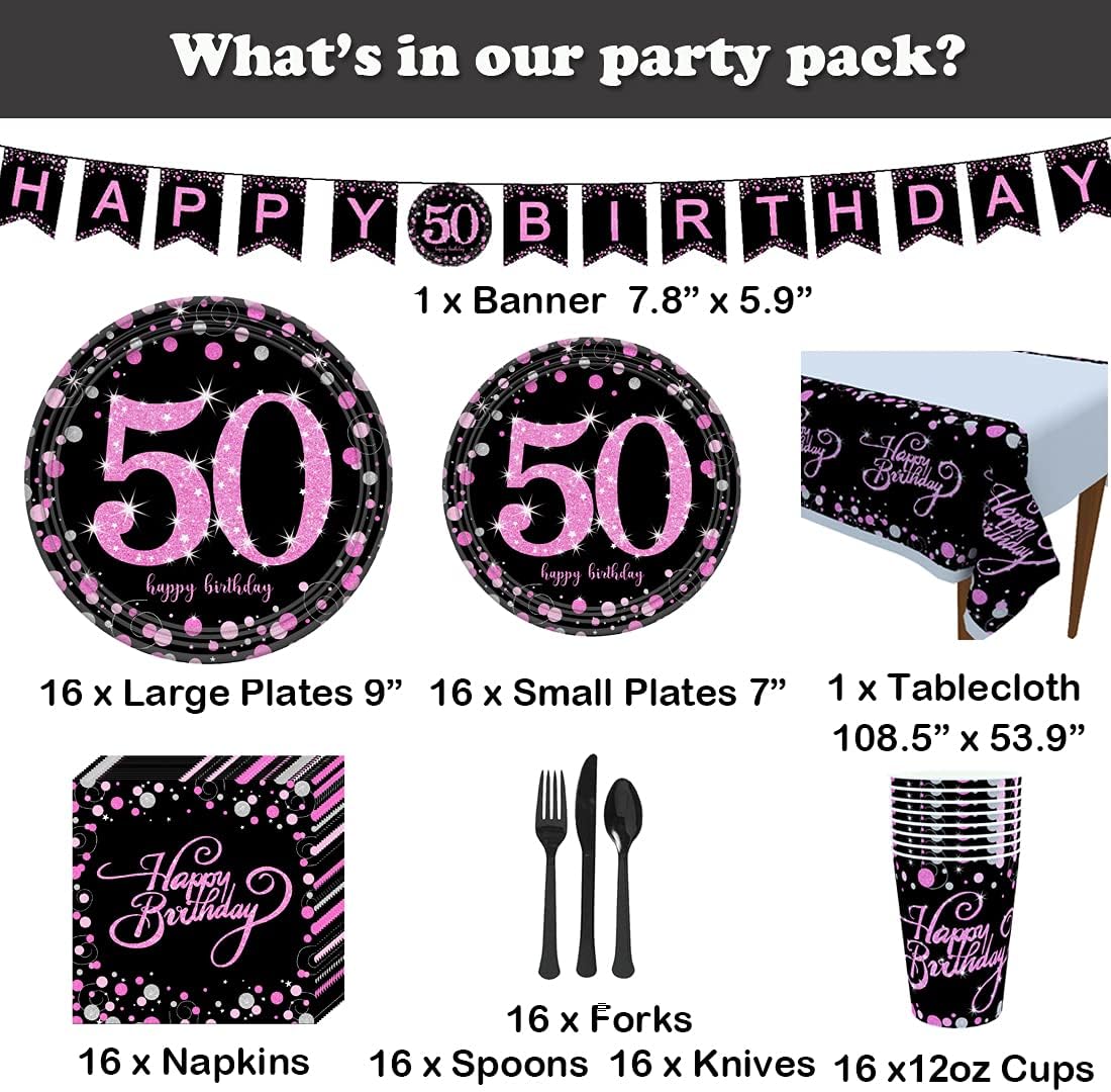 50th Birthday Pink Gold Party Supplies, Disposable Tableware for 16 Guest, Include 7” Paper Plates,9” Plates, Banner, 12 oz Cups, Napkins, Tablecloth, Cutlery…