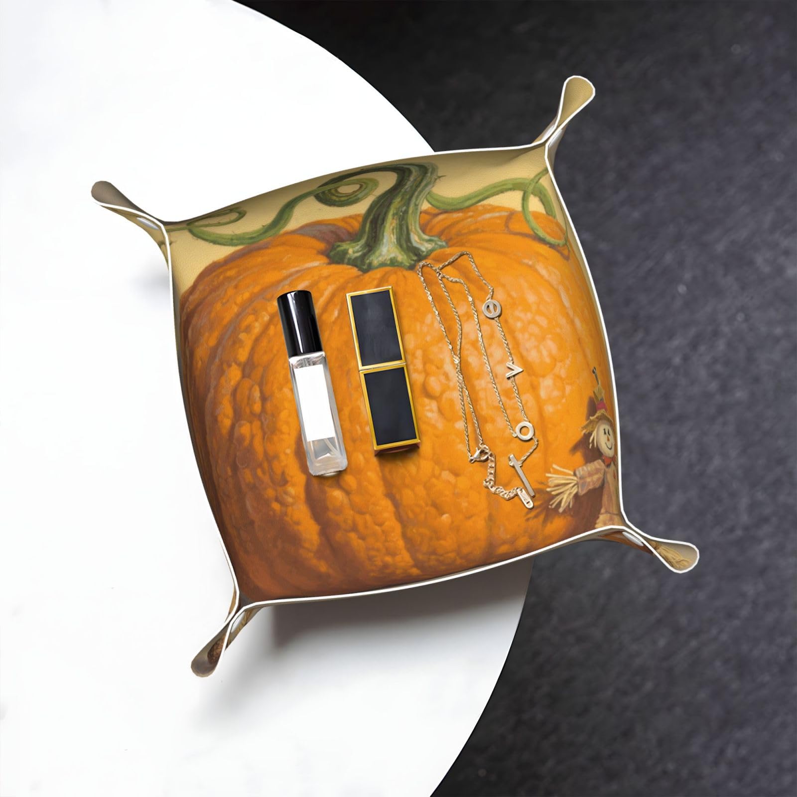 Pumpkin Valet Tray Organizer Pu Leather Travel Catchall Tray Organizer Portable Jewelry Tray Storage Keys Tray for Entryway Table Coins Watches Candy