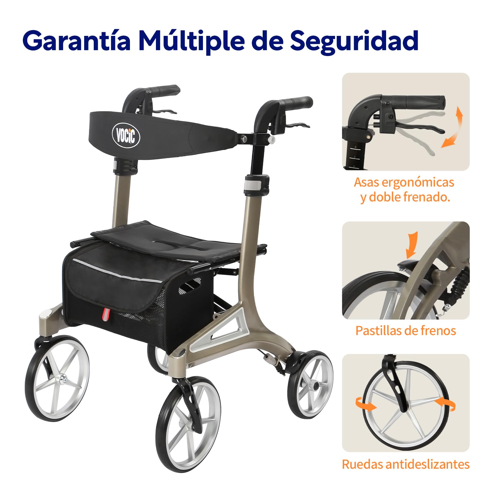 VOCIC Z71 andador plegable para ancianos, Andador de aluminio impermeable | andadores con asiento & ruedas PU todoterreno antipinchazos, Respaldo & altura ajustables, peso ligero, adultos, verde gris