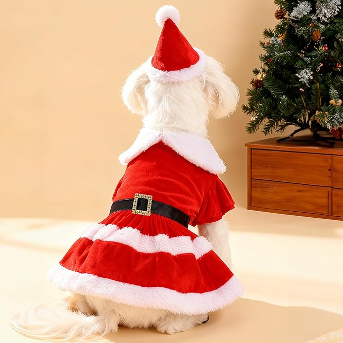 Vestido Navideño para Perro Santa Claus Rojo de Terciopelo con Gorro miniatura 5