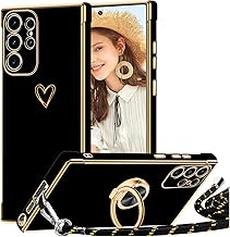 Case for Samsung Galaxy S23 Ultra with Cord and 360 Degree Ring Stand, Shockproof Soft Silicone TPU Bumper Portable Protective Case with Removable Collar, Black