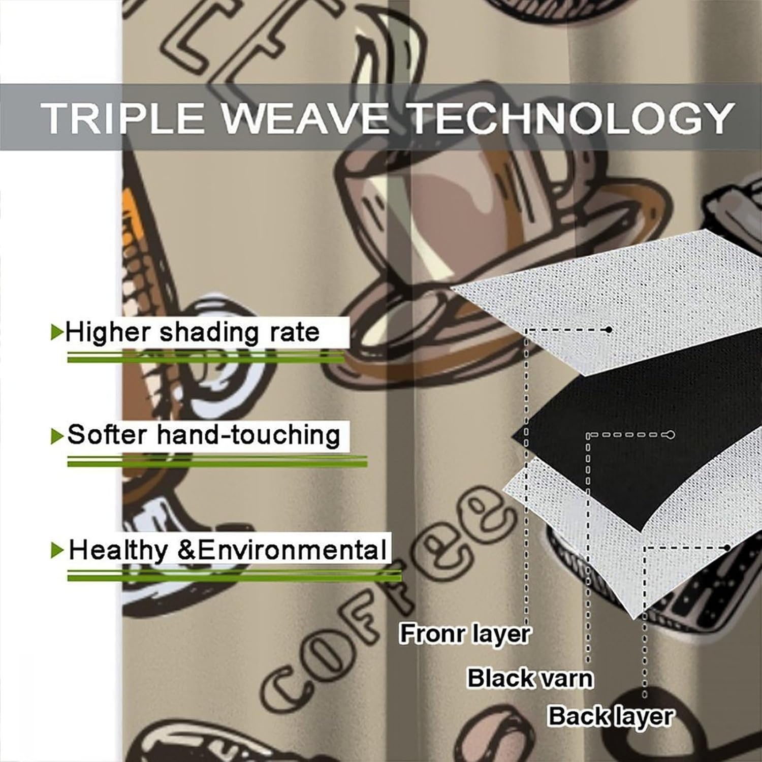 Vintage Coffee Curtains Rustic Style Abstract Mug Latte Rod Pocket Blackout Art Printed Window Treatment for Living Room Cafe Home Decor Window Drapes 2 Panels 42" W X 63" L