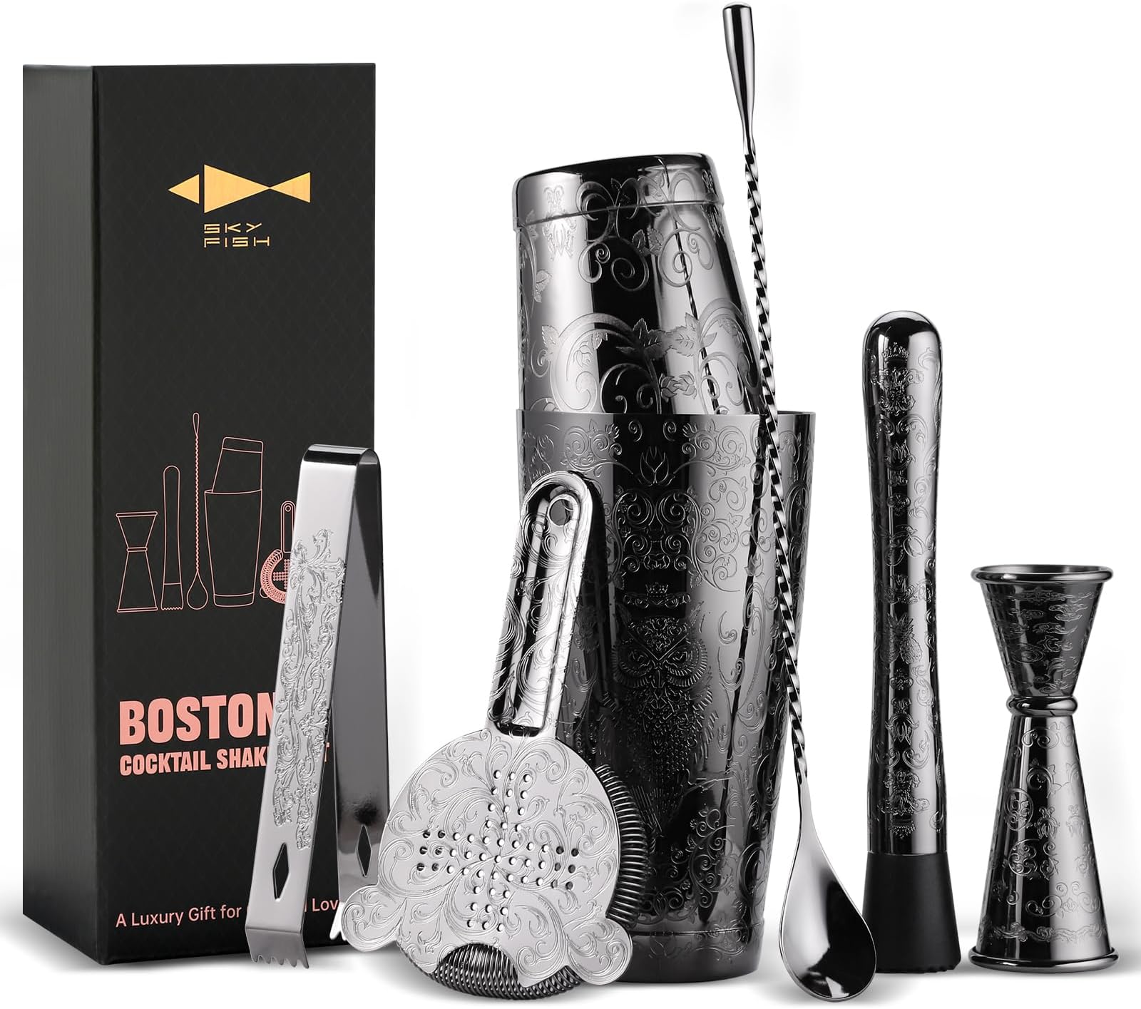 SKY FISH Boston Cocktail Shaker Set, Cocktail Maker, Etching Bartender Kit Set of 7, Professional Bartending Tools in Gift Box, Handwash, (BLACK)