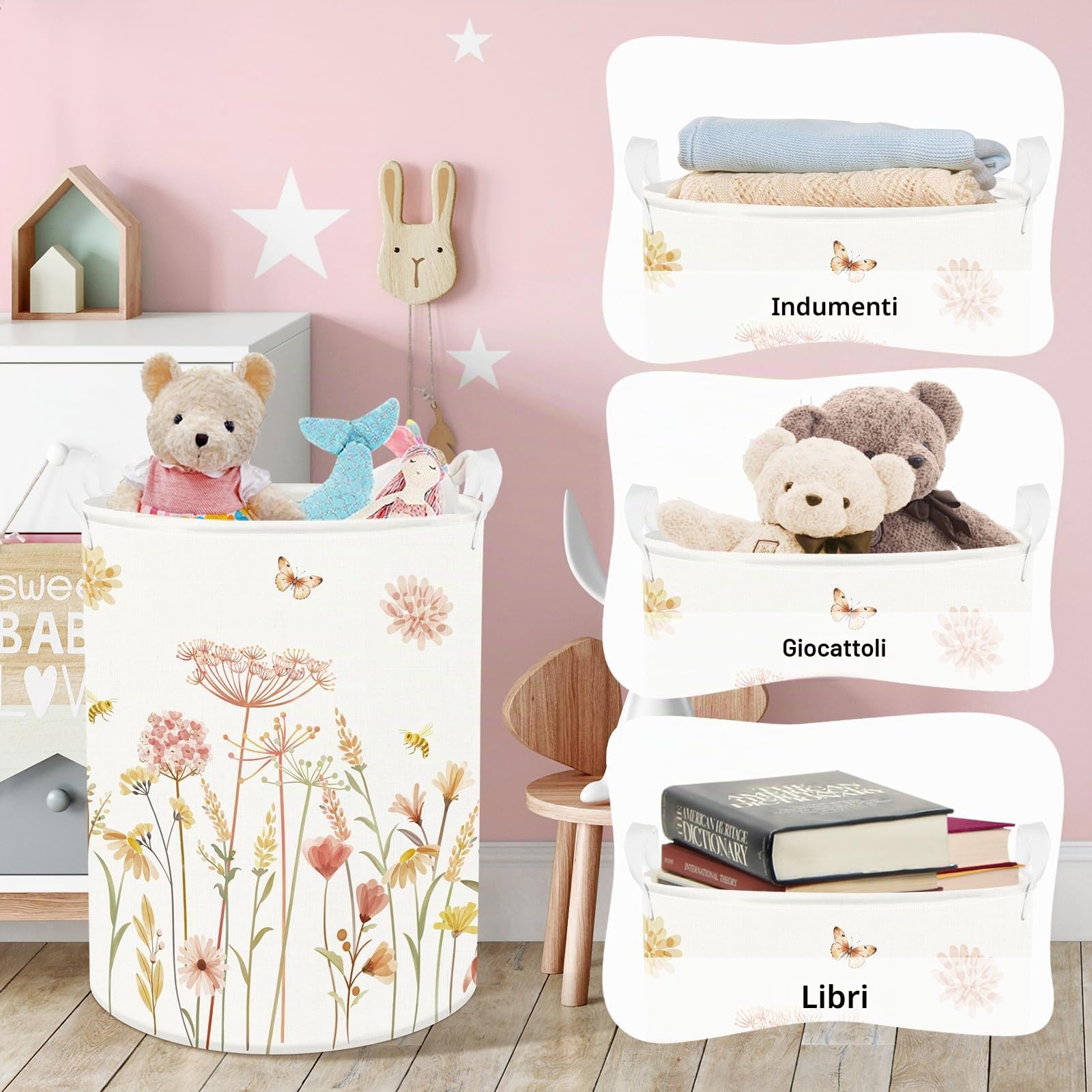Clastyle Ceste Biancheria Donne Ragazze Fiore Cestino Giocattoli Vestiti Impermeabile per Bambini Cestino Portaoggetti per Bagno Cameretta Bucato, Bohémien, 40x50 cm