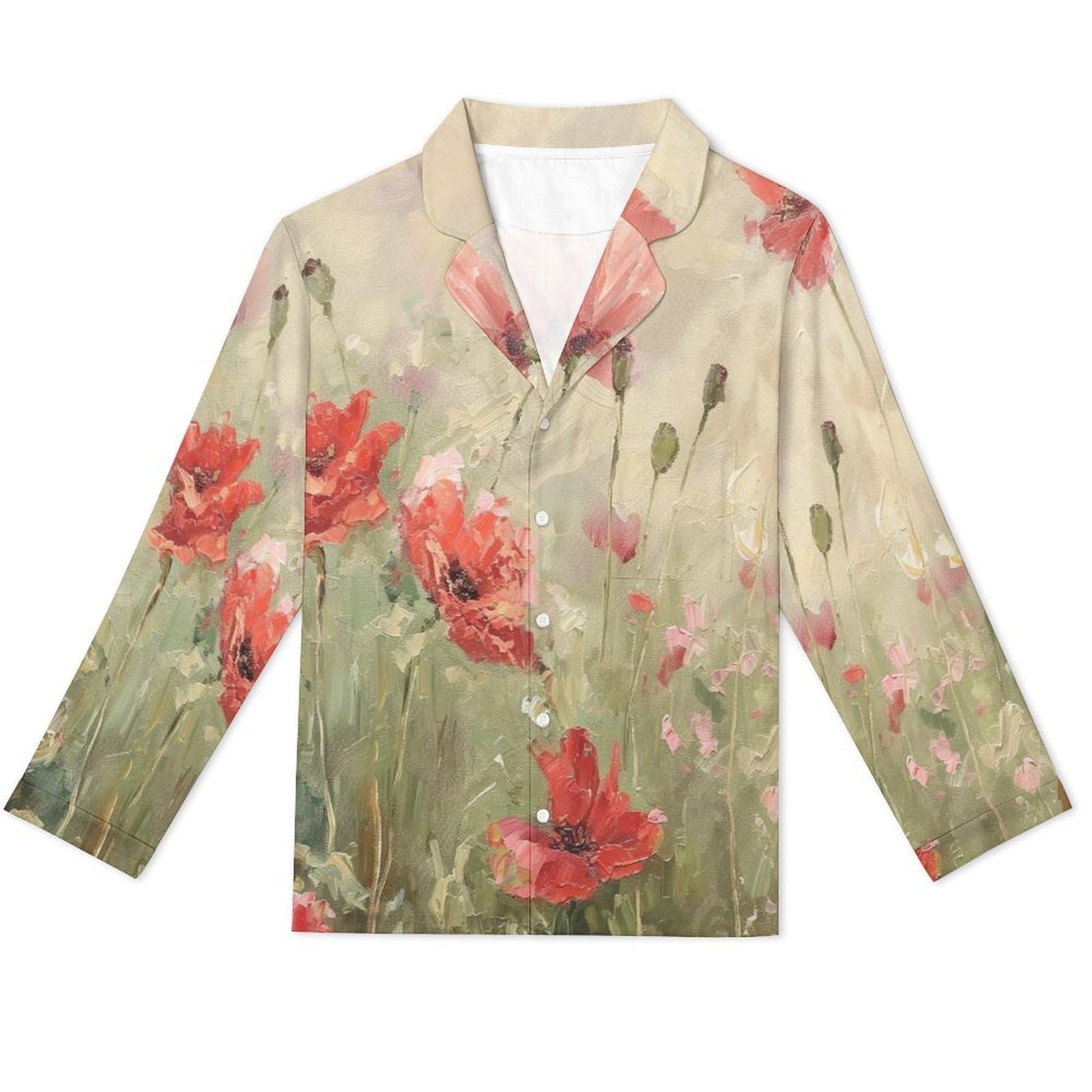 OLEETS Pigiama A Maniche Lunghe da Uomo - Fiori Rossi Pigiama Invernale Pantaloni Top Caldo Autunnale Traspirante Morbido 2 Pezzi Casual Ampio