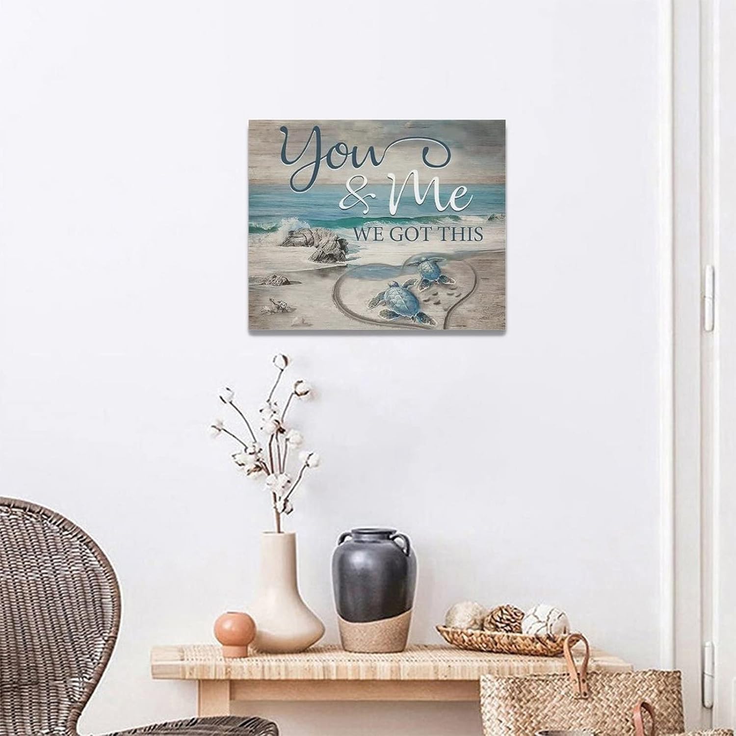 yerretin Beach Sea Turtle Bathroom Wall Art Ocean Turtle Pictures Wall Decor Coastal Nautical Seascape Canvas Painting Love Artwork Home Decoration for Bedroom Office Framed 20"x16"