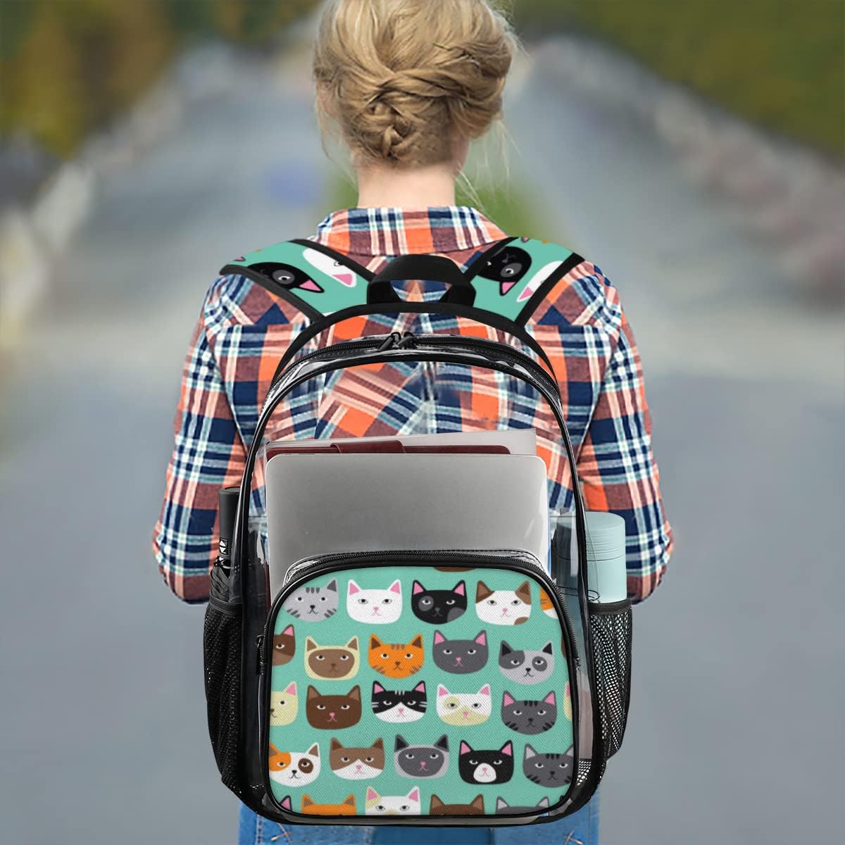 Cute Cat Face Clear Backpack Stadium Approved Heavy Duty PVC Transparent Backpacks Large Laptop Backpack for Work Travel Sports Events Concerts